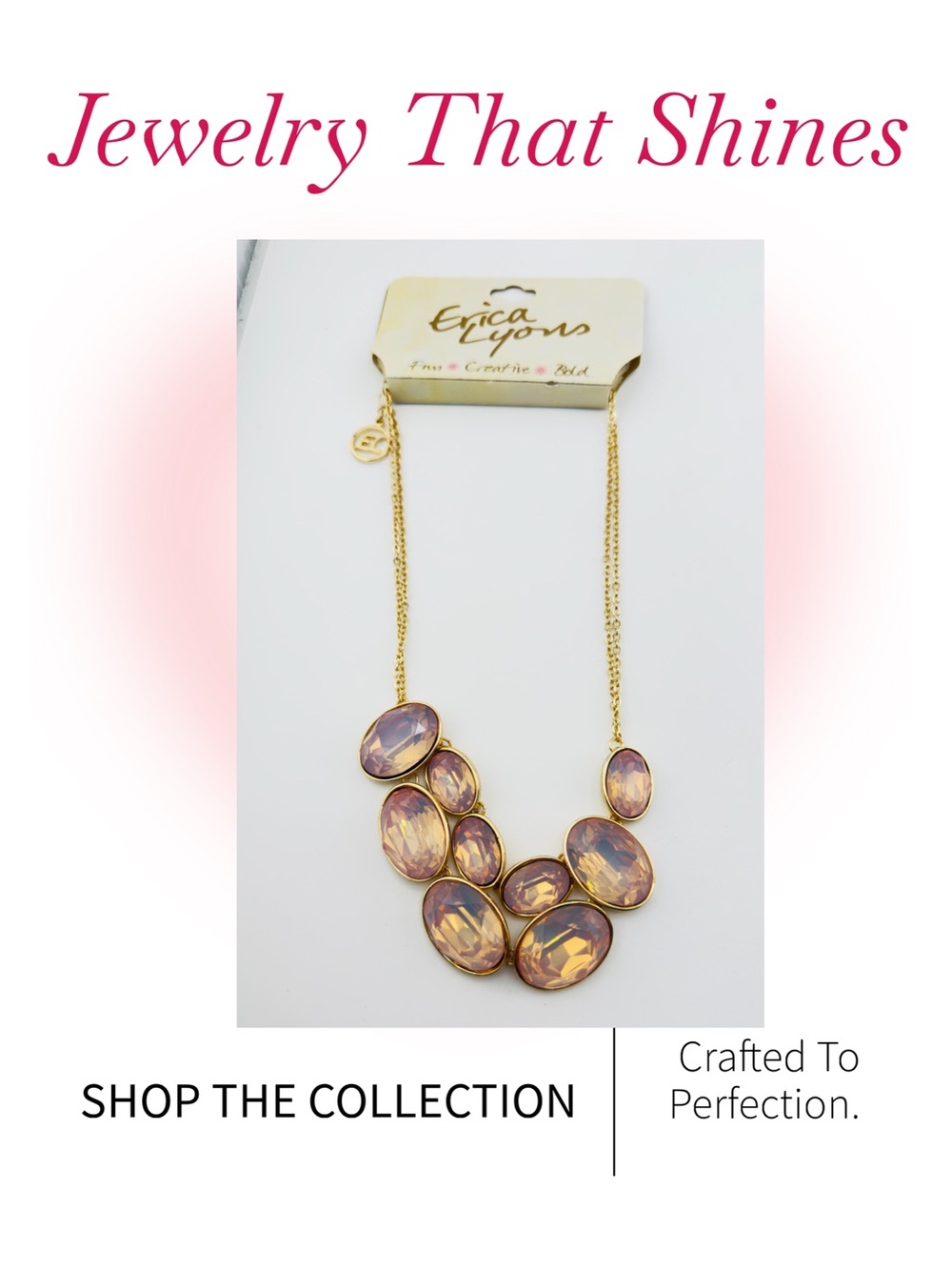 Erica Lyons Gold Tone Statement Necklace with Peachy Pink Crystals NEW!